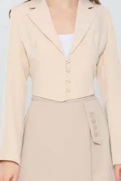 Kadın Kruvaze Yaka İç Astarlı Crop Blazer Ceket Taş