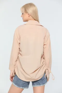 Kadın Oversize Poplin Kumaş Yanı Büzgülü Uzun Basic Gömlek Taş