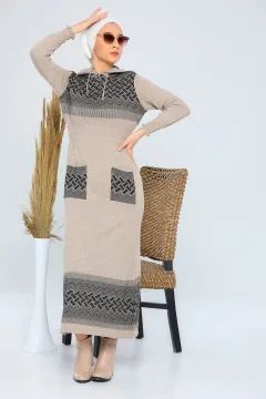 Kapüşonlu Desenli Kadın Triko Elbise Taş