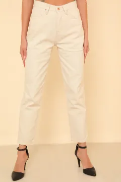 Kadın Yüksek Bel Mom Jeans Pantolon Taş
