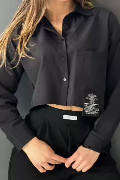 Tek Cepli Etiket Detaylı Kadın Crop Tops Gömlek Siyah