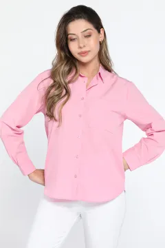 Tek Cepli Uzun Kollu Kadın Basic Gömlek Pembe