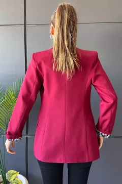 Tek Düğmeli Astar Desenli Kadın Cepli Blazer Ceket Bordo