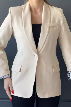 Tek Düğmeli Astar Desenli Kadın Cepli Blazer Ceket Krem