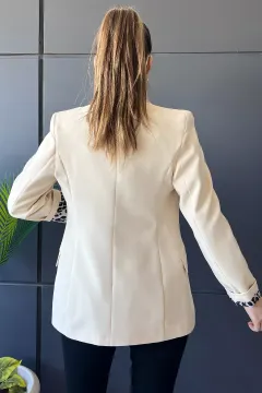 Tek Düğmeli Astar Desenli Kadın Cepli Blazer Ceket Krem