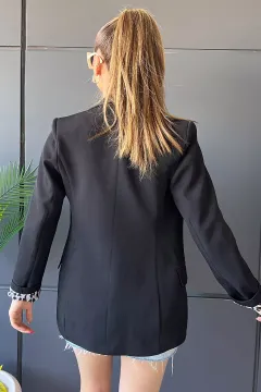 Tek Düğmeli Astar Desenli Kadın Cepli Blazer Ceket Siyah