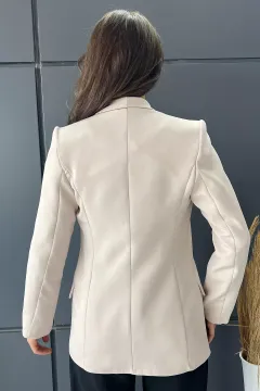 Tek Düğmeli Astar Desenli Kadın Cepli Blazer Ceket Taş