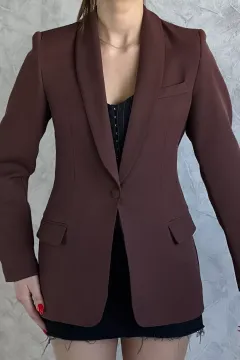 Tek Düğmeli Astarlı Cep Detaylı Kadın Blazer Ceket Kahve