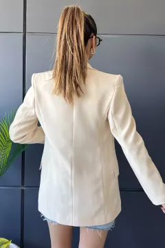 Tek Düğmeli Astarlı Cep Detaylı Kadın Blazer Ceket Krem