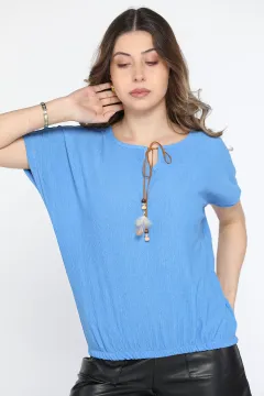 Tüy Boncuklu Kadın Tişört Mavi