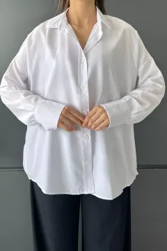 Uzun Kol Kadın Oversize Tarz Gömlek Beyaz