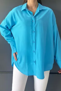 Uzun Kol Kadın Oversize Tarz Gömlek Mavi