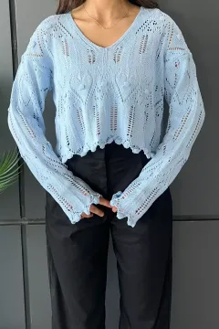 V Yaka Ajurlu Kadın Crop Top Bluz Mavi
