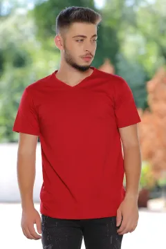 Erkek Likralı V Yaka Basic T-shirt Bordo