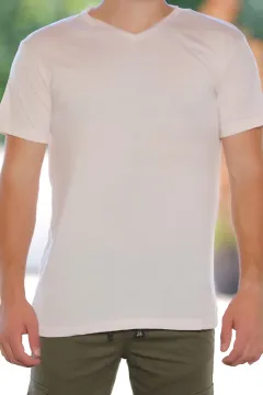Erkek Likralı V Yaka Basic T-shirt Açıkpudra