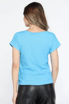 V Yaka Kadın Basic Salaş Tişört Mavi
