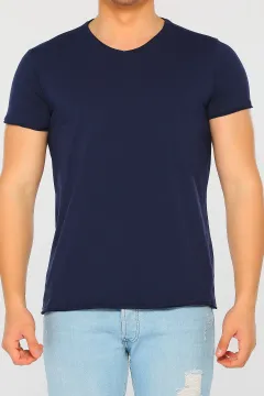 Erkek Likralı V Yaka Regular Fit Basic T-shirt Lacivert