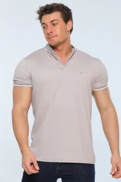 Erkek Likralı Polo Yaka Kol Lastikli T-shirt Vizon