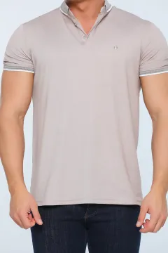 Erkek Likralı Polo Yaka Kol Lastikli T-shirt Vizon