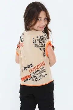 Kız Çocuk Likralı Bisiklet Yaka Kol Detaylı Baskılı T-shirt Vizon