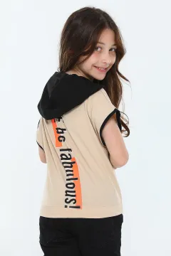 Kız Çocuk Likralı Kapüşonlu Bel Detaylı Baskılı T-shirt Vizon