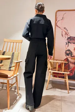 Wide Leg Kargo Cepli Yüksek Bel Bol Paça Kadın Jean Kot Pantolon Siyah