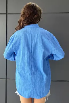 Yakası Taşlı Kendinden Desenli Kadın Gömlek Mavi