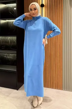 Yarım Fermuarlı Tesettür Triko Elbise Mavi