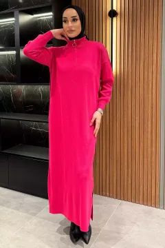 Yarım Fermuarlı Tesettür Triko Elbise Fuşya