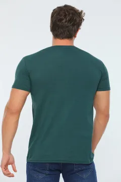 Erkek Likralı Bisiklet Yaka Slim Fit Baskılı T-shirt Yeşil