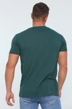 Erkek Likralı V Yaka Slim Fit Baskılı T-shirt Yeşil