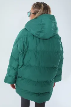 İç Astarlı Kapüşonlu Oversize Kadın Mont Yeşil
