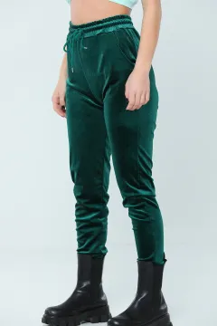 Kadın Likralı Bel Paça Lastıklı Kadife Esofman Pantolon Yeşil