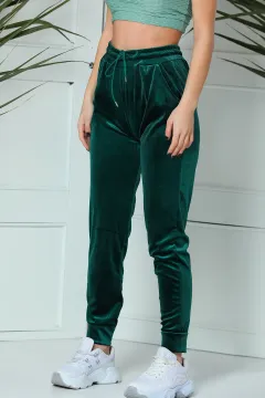 Kadın Lıkralı Bel Lastıklı Kadife Pantolon Yeşil