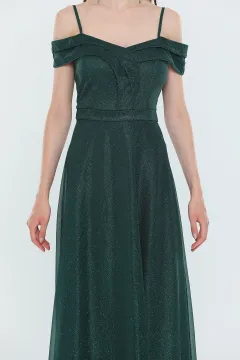 Kadın Askılı Düşük Omuz Detaylı Işıltılı Uzun Tül Abiye Elbise Yeşil