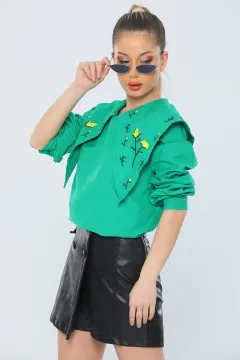 Kadın Bebe Yaka İşlemeli Gömlek Bluz Yeşil