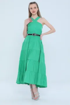 Kadın Boyundan Askılı Eteği Katlı Uzun Elbise Yeşil