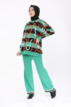 Kadın Tesettür Desenli Triko Kazak Pantolon İkili Takım Yeşil
