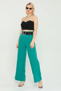 Kadın Ekstra Yüksek Bel Bol Paça Çimalı Pantolon Yeşil