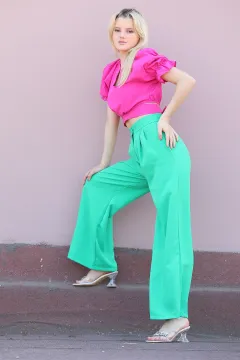 Kadın Ekstra Yüksek Bel Bol Paça Pantolon Yeşil