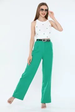 Kadın Ekstra Yüksek Bel Cepli Bol Paça Pantolon Yeşil