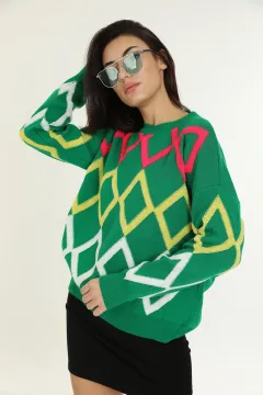 Kadın Geometrik Desenli Oversize Triko Kazak Yeşil