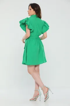 Kadın Gömlek Yaka Kol Volanlı Yazlık Mini Elbise Yeşil
