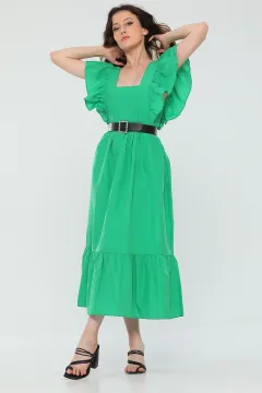 Kadın Kare Yaka Kol Fırfırlı Midi Boy Yazlık Elbise Yeşil