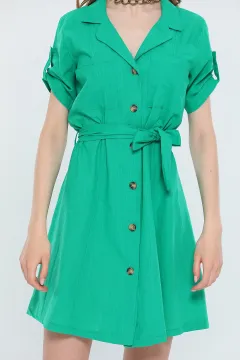 Kadın Kruvaze Yaka Kısa Kollu Salaş Mini Elbise Yeşil