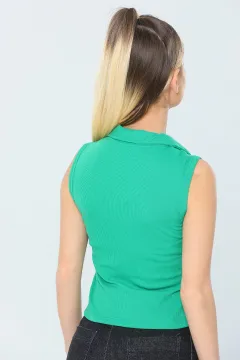 Kadın Likralı Polo Yaka Kaşkorse Crop Body Bluz Yeşil