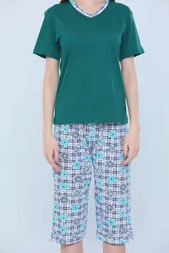 Kadın Likralı V Yaka Desenli Kısa Kollu Kaprili Pijama Takımı Yeşil