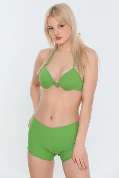 Kadın Likralı Yüksek Bel Boyundan Bağlamalı Hafif Destekli Şortlu Bikini Takım Yeşil