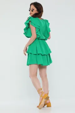 Kadın V Yaka Fırfırlı Eteği Katlı Yazlık Mini Elbise Yeşil