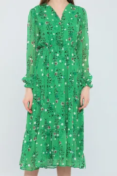 Kadın V Yaka İç Astarlı Çiçek Desenli Şifon Elbise Yeşil